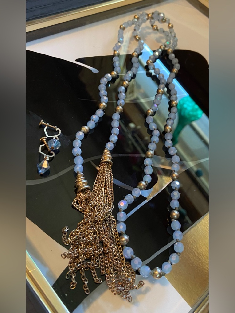 Elegant Baby Blue Beaded Tassel Lariot and Screw Earrings Set